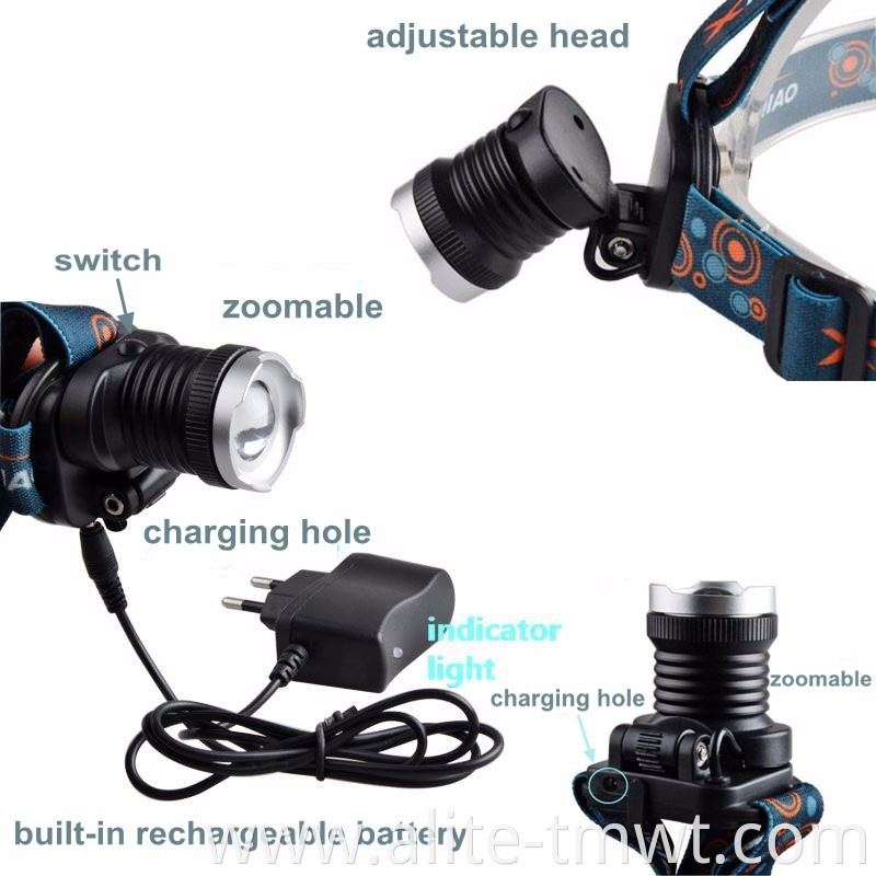 Zoom Rechargeable Headlamp LED Coon Hunting Headlight with Green Light